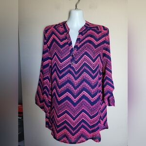 NEW TeenBell Pink and Dark Blue Patterned Blouse, Size Large